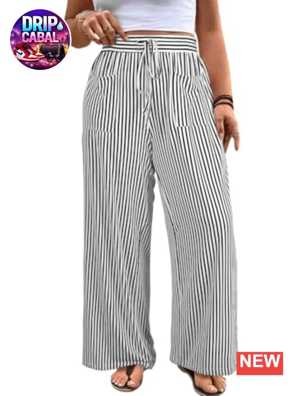 Plus Size Wide Leg Pants High Waist Striped Palazzo Lounge Trousers with Pockets